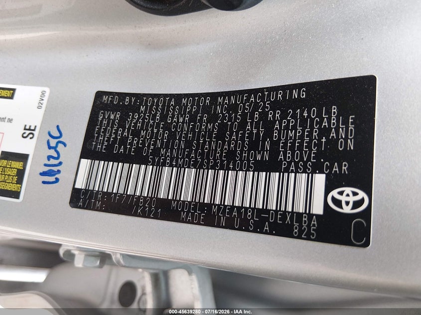 2025 Toyota Corolla VIN 5YFB4MDE7SP314005 IAAI salvage auction — FRONT END, Salvage Title, sold $6,100 on 2026-09-07 (photo 9)