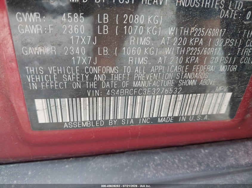 2014 Subaru Outback VIN 4S4BRCFC3E3276532 IAAI salvage auction — FRONT END, Clear (Virginia), sold $975 on 2026-07-29 (photo 9)