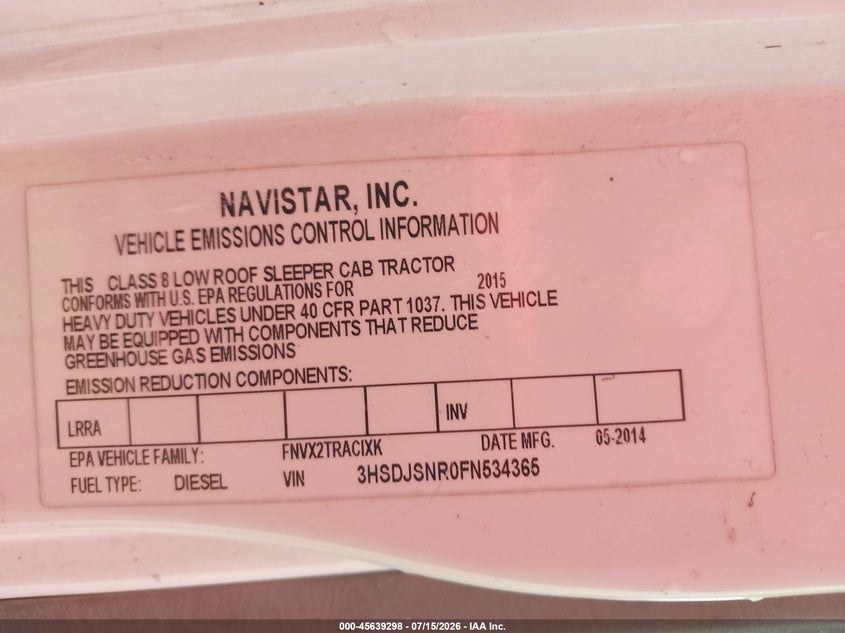 2015 International Prostar VIN 3HSDJSNR0FN534365 IAAI salvage auction — RIGHT SIDE, Certificate Of Title (Nebraska), sold $25 on 2026-07-29 (photo 8)