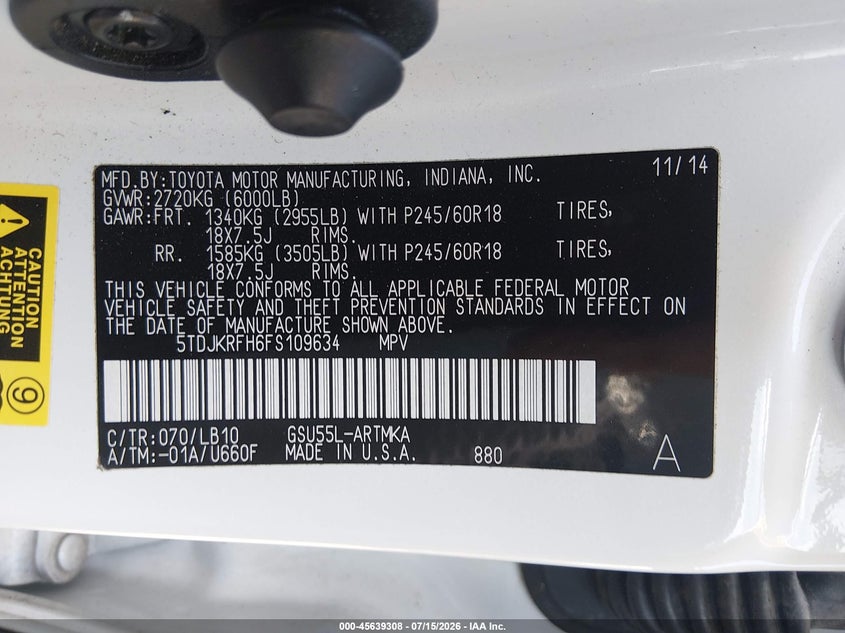 2015 Toyota Highlander VIN 5TDJKRFH6FS109634 IAAI salvage auction — FRONT END, Salvage Title, sold $7,100 on 2026-08-01 (photo 9)