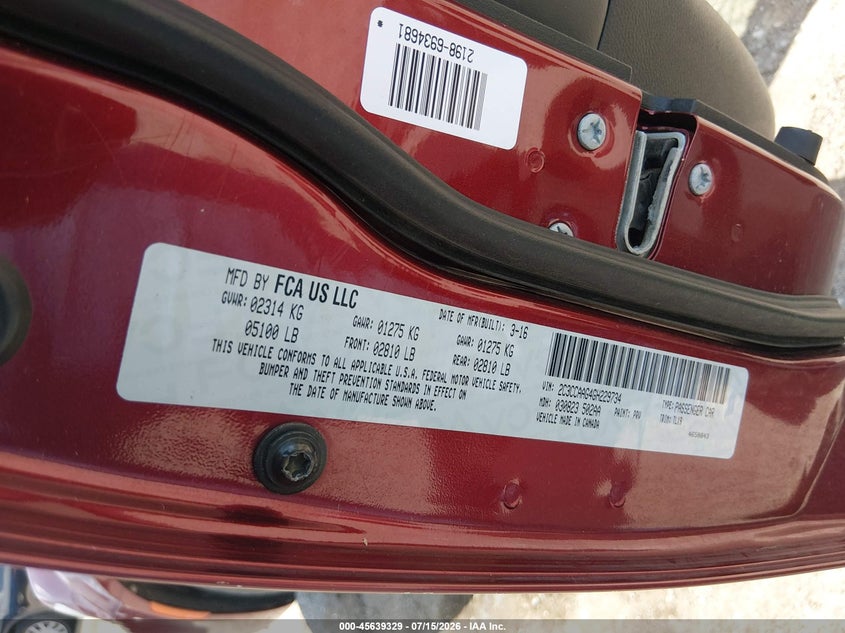 2016 Chrysler 300 VIN 2C3CCAAG4GH229734 IAAI salvage auction — RIGHT SIDE, Wait Title, sold $0 on 2026-09-26 (photo 9)