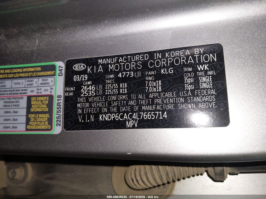 2020 Kia Sportage VIN KNDP6CAC4L7665714 IAAI salvage auction — NORMAL WEAR, Clear (Pennsylvania), sold $2,600 on 2026-07-30 (photo 9)