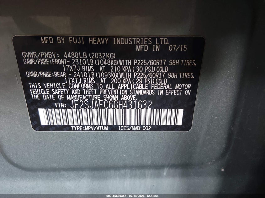 2016 Subaru Forester VIN JF2SJAFC6GH431632 IAAI salvage auction — NORMAL WEAR, Salvage Title, sold $1,150 on 2026-07-28 (photo 9)