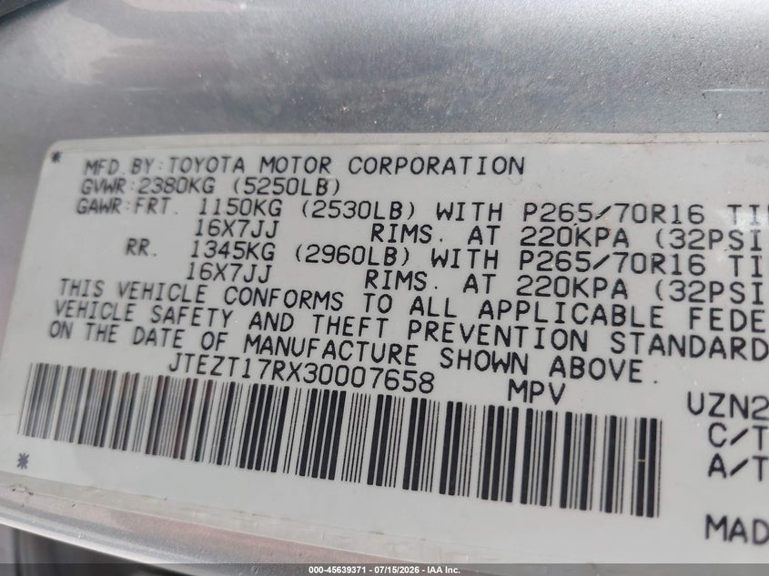 2003 Toyota 4runner VIN JTEZT17RX30007658 IAAI salvage auction — NORMAL WEAR, Original (Texas), sold $2,450 on 2026-07-29 (photo 9)