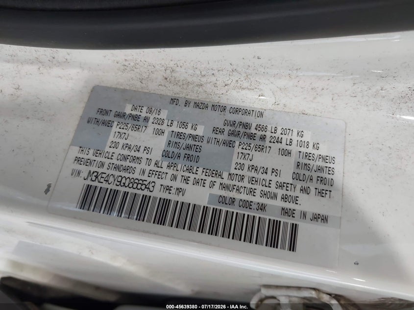 2016 Mazda Cx-5 VIN JM3KE4CY9G0866543 IAAI salvage auction — BIO HAZARD, Mv-907A (New York), sold $2,450 on 2026-07-29 (photo 9)