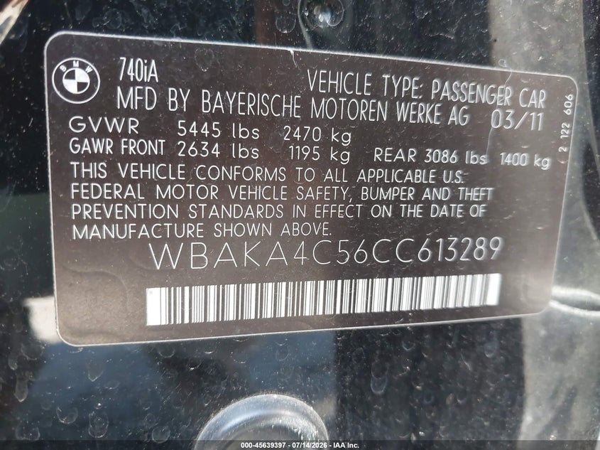 2012 BMW 7er VIN WBAKA4C56CC613289 IAAI salvage auction — RIGHT FRONT, Salvage Title, sold $1,650 on 2026-07-29 (photo 9)