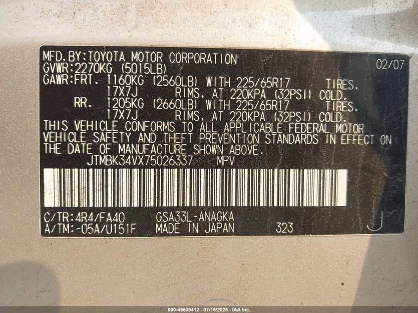 2007 Toyota Rav4 VIN JTMBK34VX75026337 IAAI salvage auction — NORMAL WEAR, Clear (Pennsylvania), sold $1,100 on 2026-07-29 (photo 9)