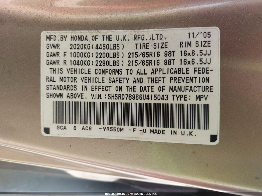 2006 Honda Cr-v VIN SHSRD78966U415043 IAAI salvage auction — NORMAL WEAR, Clear-Dealer Only (North Carolina), sold $1,100 on 2026-07-28 (photo 9)