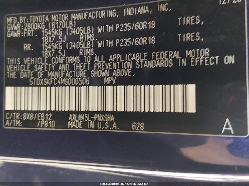 2021 Toyota Sienna VIN 5TDXSKFC4MS006506 IAAI salvage auction — SIDE, Bill Of Sale (Washington), sold $14,400 on 2026-08-02 (photo 9)