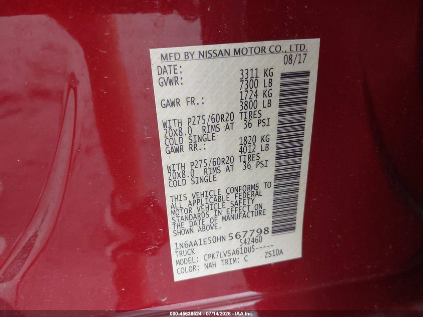 2017 Nissan TITAN VIN 1N6AA1E50HN567798 IAAI salvage auction — FRONT END, Salvage (South Carolina), sold $4,750 on 2026-07-30 (photo 9)