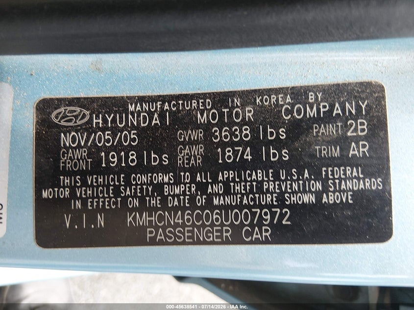 2006 Hyundai Accent VIN KMHCN46C06U007972 IAAI salvage auction — NORMAL WEAR, Clear (Nevada), sold $575 on 2026-07-17 (photo 9)