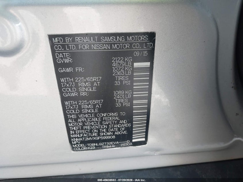 2016 Nissan Rogue VIN KNMAT2MVXGP599908 IAAI salvage auction — NORMAL WEAR, Clear (New York), sold $875 on 2026-07-28 (photo 9)