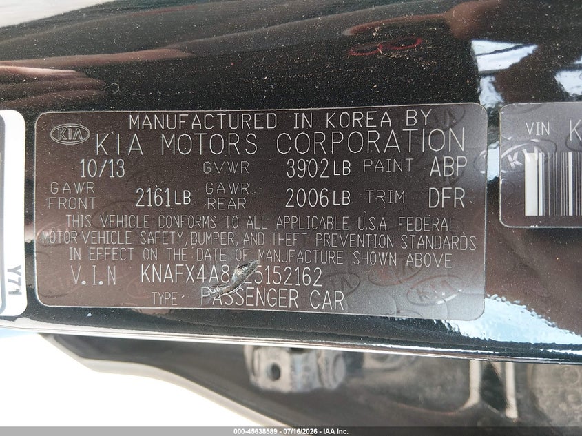 2014 Kia Forte VIN KNAFX4A84E5152162 IAAI salvage auction — NORMAL WEAR, Clear (Kansas), sold $550 on 2026-07-31 (photo 9)