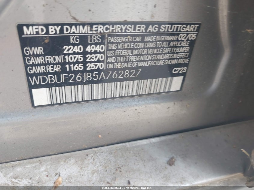 2005 Mercedes-benz E-class VIN WDBUF26J85A762827 IAAI salvage auction — NORMAL WEAR, Clear (North Carolina), sold $575 on 2026-07-29 (photo 9)