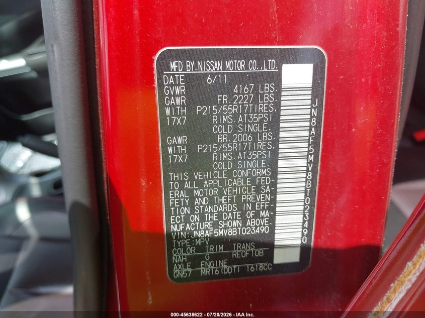 2011 Nissan Juke VIN JN8AF5MV8BT023490 IAAI salvage auction — NORMAL WEAR, Clear-Dealer Only (North Carolina), sold $175 on 2026-07-27 (photo 9)