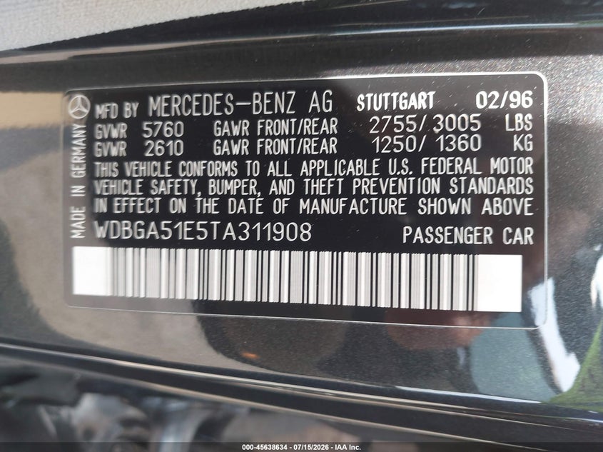 1996 Mercedes-benz S-klasse VIN WDBGA51E5TA311908 IAAI salvage auction — FRONT END, Salvage - Greater Than 75% (Maryland), sold $12,700 on 2026-08-01 (photo 9)