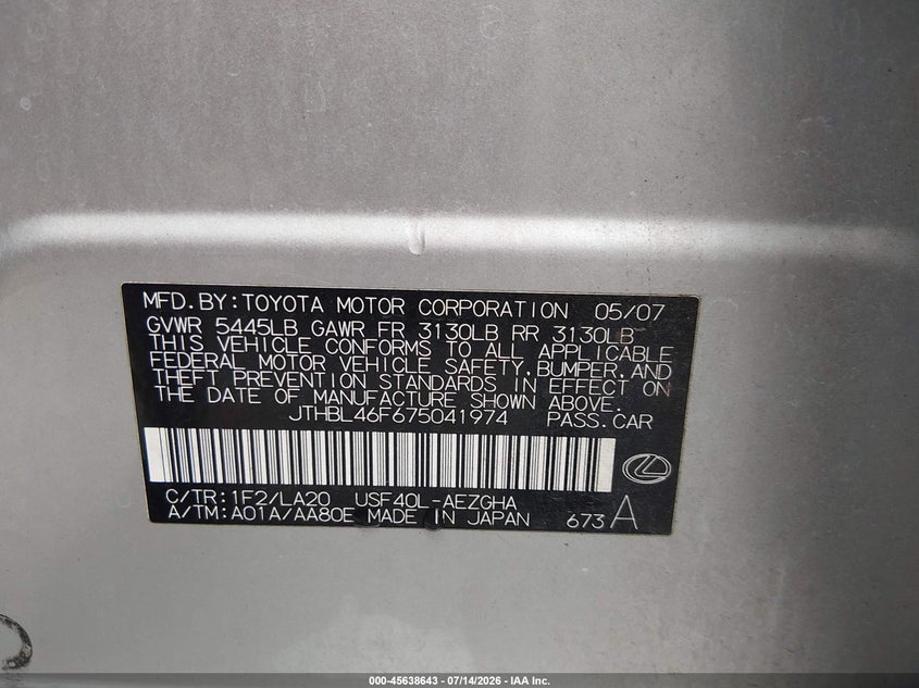 2007 Lexus Ls 460 VIN JTHBL46F675041974 IAAI salvage auction — NORMAL WEAR, Clear (Tennessee), sold $700 on 2026-07-30 (photo 9)