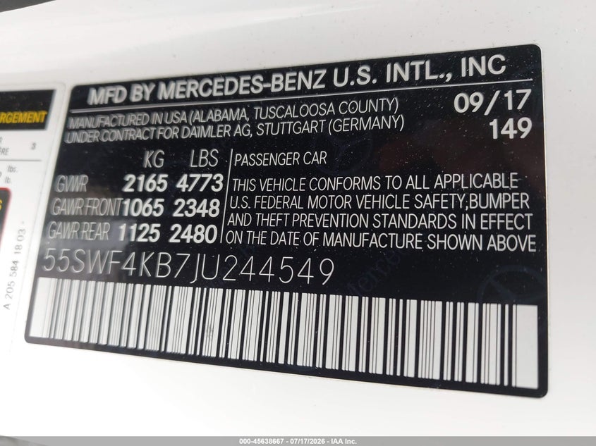 2018 Mercedes-benz C-klasse VIN 55SWF4KB7JU244549 IAAI salvage auction — LEFT FRONT, Wait Title, sold $5,700 on 2026-08-12 (photo 9)