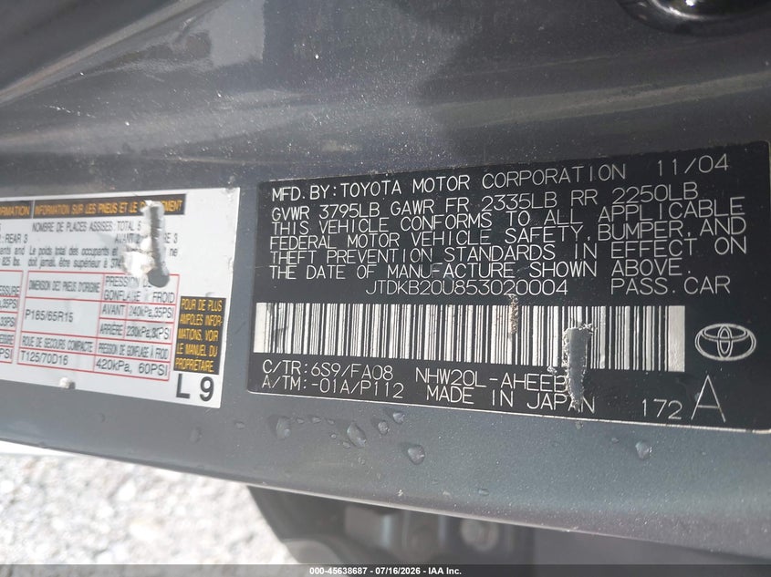 2005 Toyota Prius VIN JTDKB20U853020004 IAAI salvage auction — NORMAL WEAR, Clear (Georgia), sold $175 on 2026-07-28 (photo 9)