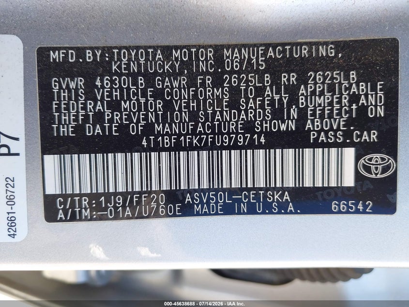 2015 Toyota Camry VIN 4T1BF1FK7FU979714 IAAI salvage auction — REAR END, Salvage (California), sold $1,850 on 2026-07-29 (photo 9)