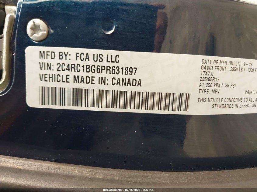 2023 Chrysler Pacifica VIN 2C4RC1BG6PR631897 IAAI salvage auction — REAR END, Clear (Florida), sold $10,100 on 2026-07-23 (photo 9)