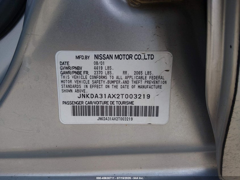 2002 Infiniti I35 VIN JNKDA31AX2T003219 IAAI salvage auction — NORMAL WEAR, Clear (Wyoming), sold $25 on 2026-07-24 (photo 9)