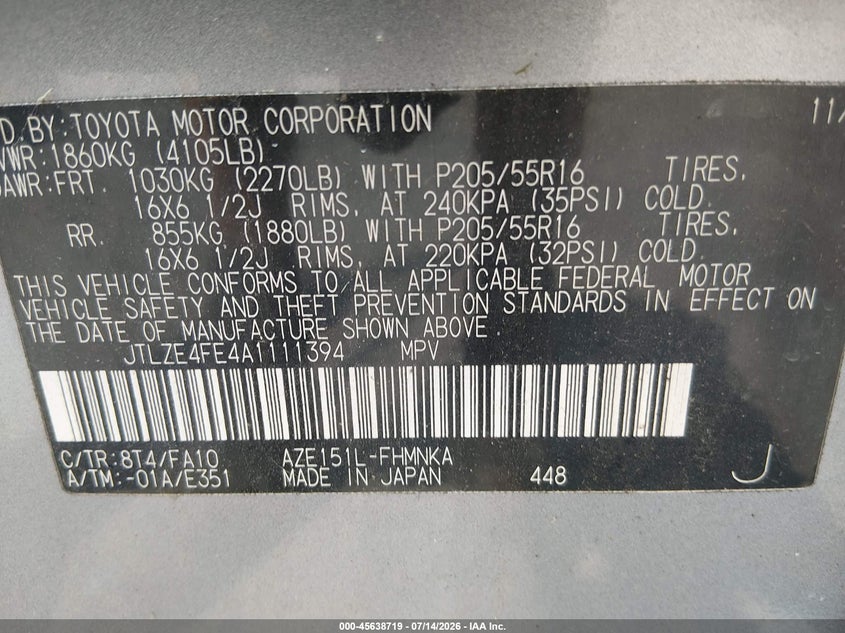 2010 Scion Xb VIN JTLZE4FE4A1111394 IAAI salvage auction — NORMAL WEAR, Clear (Pennsylvania), sold $400 on 2026-07-28 (photo 9)