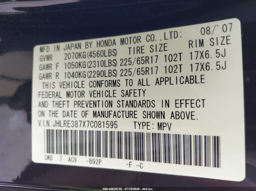 2007 Honda Cr-v VIN JHLRE387X7C081595 IAAI salvage auction — NORMAL WEAR, Clear (Georgia), sold $2,000 on 2026-07-29 (photo 9)