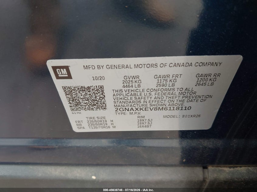 2021 Chevrolet Equinox VIN 2GNAXKEV8M6118110 IAAI salvage auction — WATER/FLOOD, Salvage (Idaho), sold $5,100 on 2026-07-31 (photo 9)
