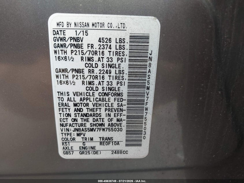 2015 Nissan Rogue VIN JN8AS5MV7FW755030 IAAI salvage auction — ALL OVER, Clear (Massachusetts), sold $1,050 on 2026-07-24 (photo 9)