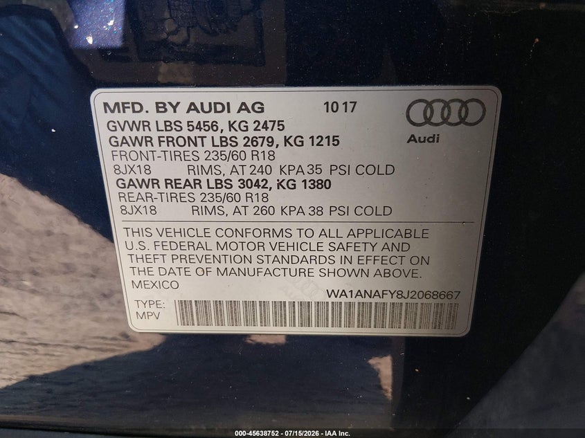 2018 Audi Q5 VIN WA1ANAFY8J2068667 IAAI salvage auction — NORMAL WEAR, Clear (Pennsylvania), sold $1,600 on 2026-07-29 (photo 9)