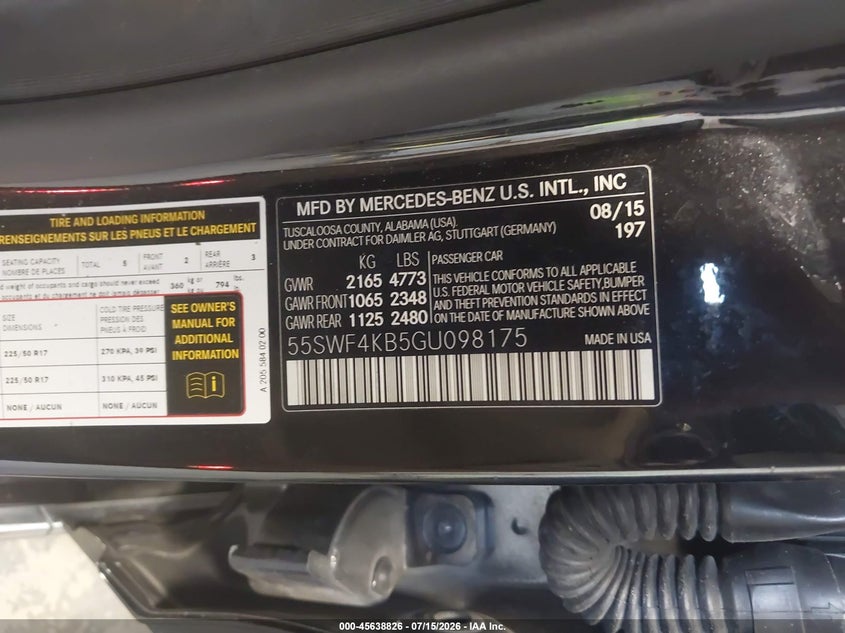 2016 Mercedes-benz C-klasse VIN 55SWF4KB5GU098175 IAAI salvage auction — FRONT & REAR, Salvage Title, sold $3,100 on 2026-10-06 (photo 9)