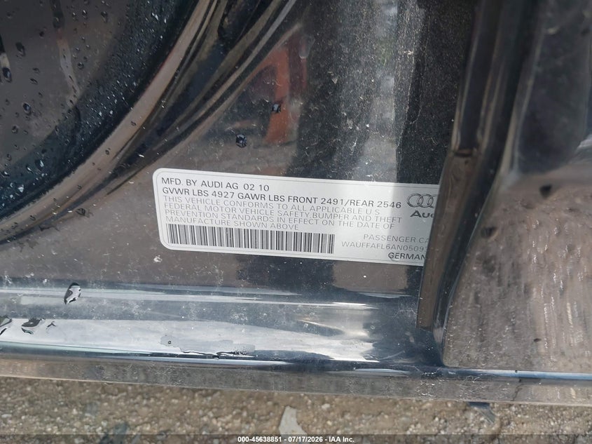 2010 Audi A4 VIN WAUFFAFL6AN050936 IAAI salvage auction — NORMAL WEAR, Clear (Illinois), sold $25 on 2026-07-29 (photo 9)