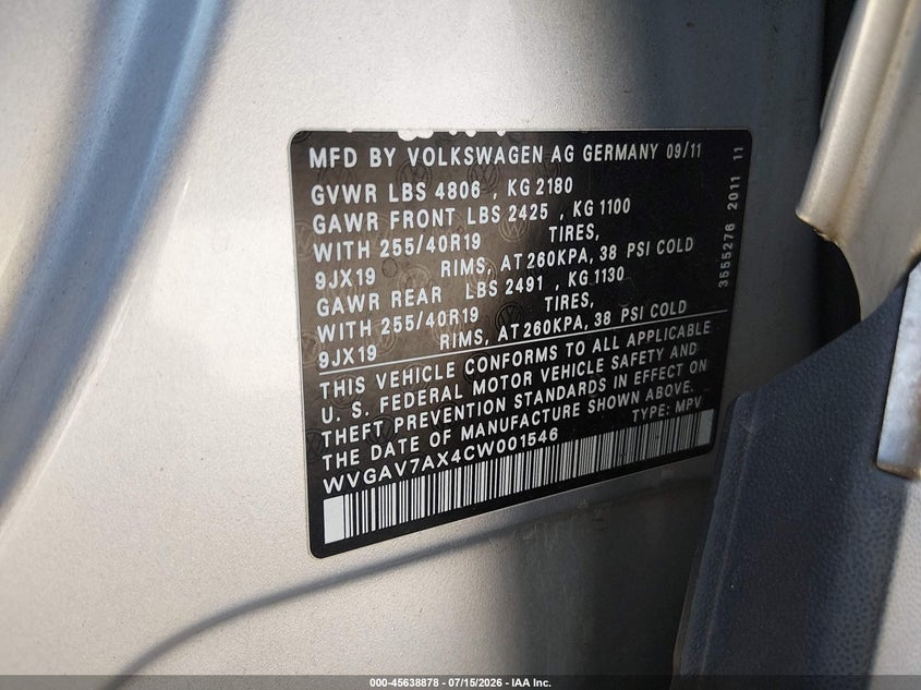 2012 Volkswagen Tiguan VIN WVGAV7AX4CW001546 IAAI salvage auction — NORMAL WEAR, Clear - Dealer Only (California), sold $800 on 2026-07-29 (photo 9)