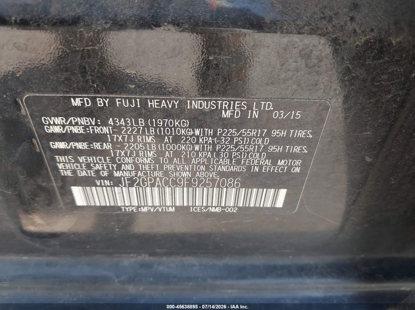 2015 Subaru Xv crosstrek VIN JF2GPACC9F9257086 IAAI salvage auction — NORMAL WEAR, Clear (Virginia), sold $400 on 2026-07-31 (photo 9)