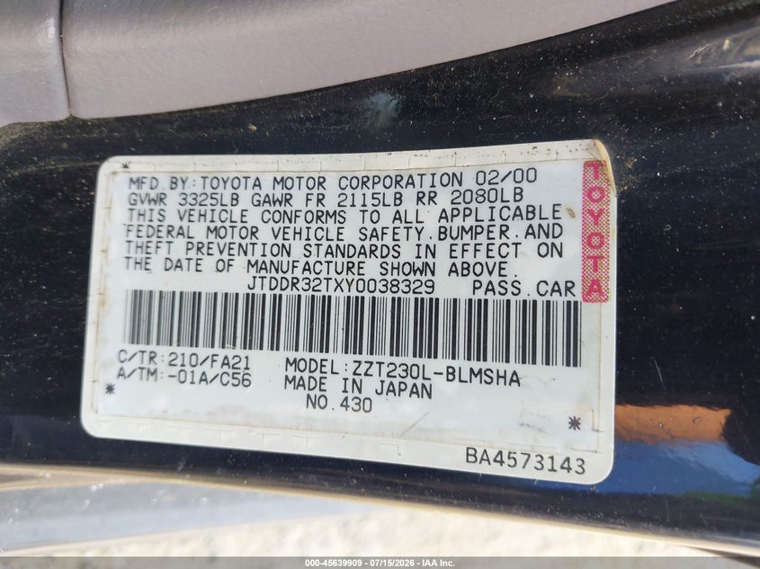 2000 Toyota Celica VIN JTDDR32TXY0038329 IAAI salvage auction — NORMAL WEAR, Affidavit In Lieu Of Title - Non-Public (Washington), sold $550 on 2026-07-22 (photo 9)