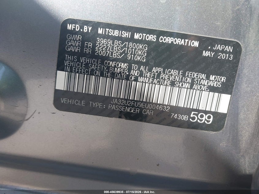2014 Mitsubishi Lancer VIN JA32U2FU9EU004632 IAAI salvage auction — NORMAL WEAR, Clear (Virginia), sold $400 on 2026-07-27 (photo 9)