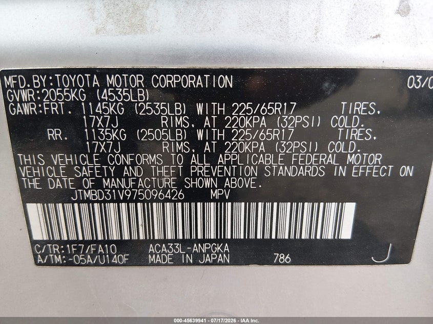 2007 Toyota Rav4 VIN JTMBD31V975096426 IAAI salvage auction — NORMAL WEAR, Original (Ohio), sold $400 on 2026-07-29 (photo 9)