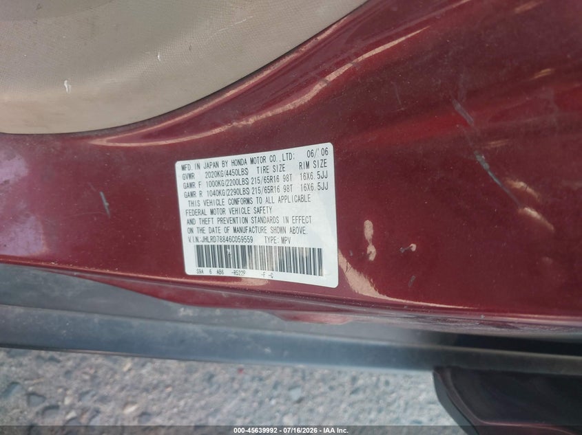 2006 Honda Cr-v VIN JHLRD78846C059559 IAAI salvage auction — NORMAL WEAR, Clear (Colorado), sold $325 on 2026-07-28 (photo 9)