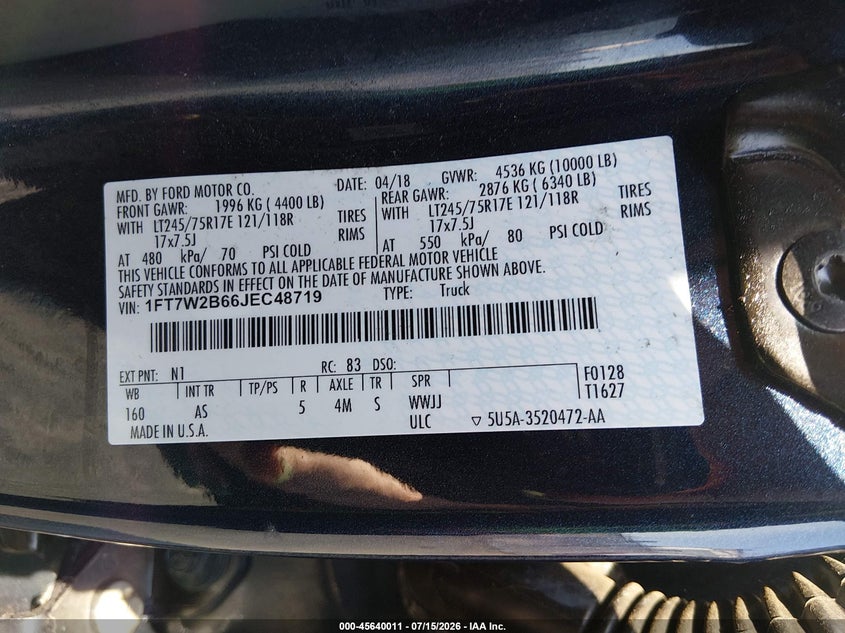 2018 Ford F-250 VIN 1FT7W2B66JEC48719 IAAI salvage auction — NORMAL WEAR, Sf97 (Oregon), sold $16,100 on 2026-07-29 (photo 9)