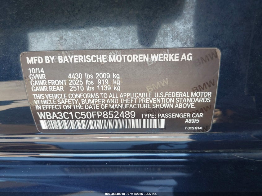 2015 BMW 3er VIN WBA3C1C50FP852489 IAAI salvage auction — REAR END, Salvage Title, sold $3,575 on 2026-08-19 (photo 9)