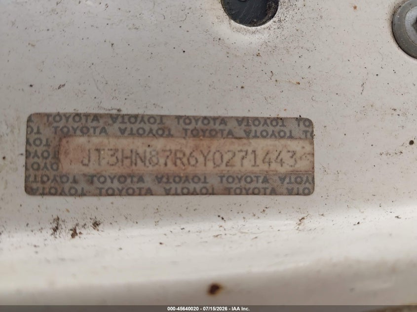 2000 Toyota 4runner VIN JT3HN87R6Y0271443 IAAI salvage auction — NORMAL WEAR, Clear (New Jersey), sold $225 on 2026-07-30 (photo 9)