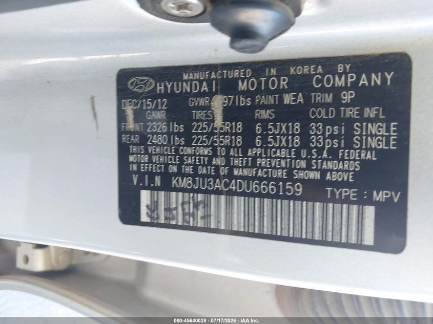 2013 Hyundai Tucson VIN KM8JU3AC4DU666159 IAAI salvage auction — NORMAL WEAR, Clear (Georgia), sold $1,250 on 2026-07-29 (photo 9)
