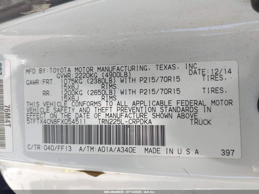 2015 Toyota Tacoma VIN 5TFTX4CN8FX054511 IAAI salvage auction — NORMAL WEAR, Clear - Dealer Only (California), sold $2,850 on 2026-07-24 (photo 9)
