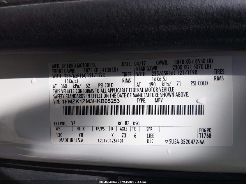 2017 Ford Transit 150 VIN 1FMZK1ZM3HKB05253 IAAI salvage auction — NORMAL WEAR, Sf97 (California), sold $19,475 on 2026-07-30 (photo 9)