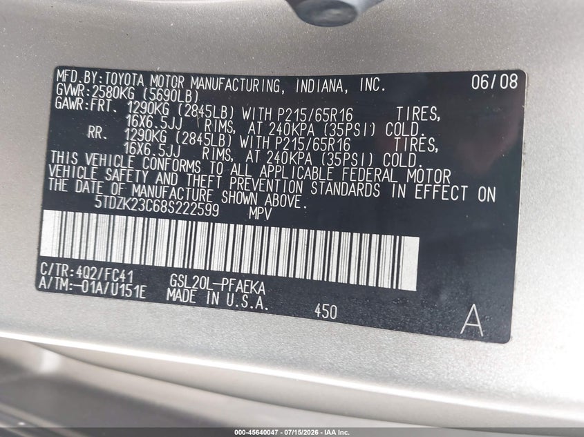 2008 Toyota Sienna VIN 5TDZK23C68S222599 IAAI salvage auction — FRONT END, Clear (Georgia), sold $675 on 2026-07-24 (photo 9)