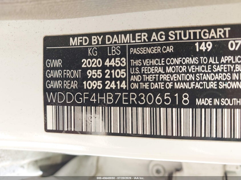 2014 Mercedes-benz C class VIN WDDGF4HB7ER306518 IAAI salvage auction — NORMAL WEAR, Clear-Dealer Only (North Carolina), sold $575 on 2026-07-27 (photo 9)