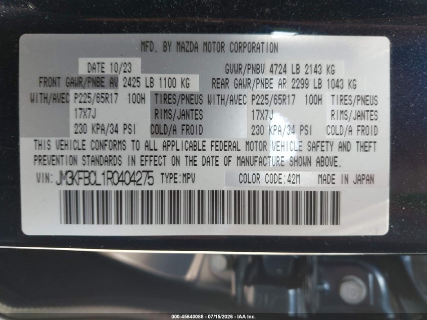 2024 Mazda Cx-5 VIN JM3KFBCL1R0404275 IAAI salvage auction — ELECTRICAL, Salvage Title, sold $9,300 on 2026-08-27 (photo 9)