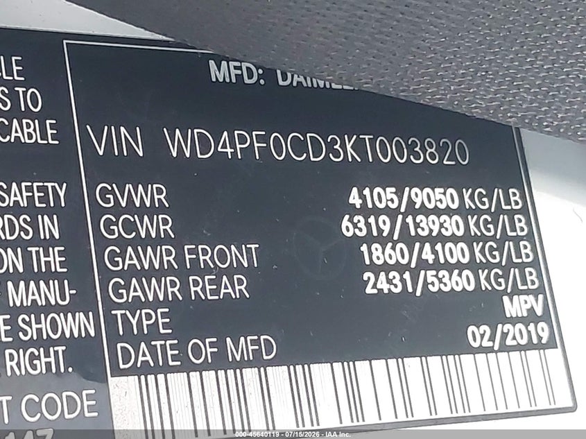 2019 Mercedes-benz Sprinter VIN WD4PF0CD3KT003820 IAAI salvage auction — UNKNOWN, Clear - Dealer Only (California), sold $8,950 on 2026-07-22 (photo 9)