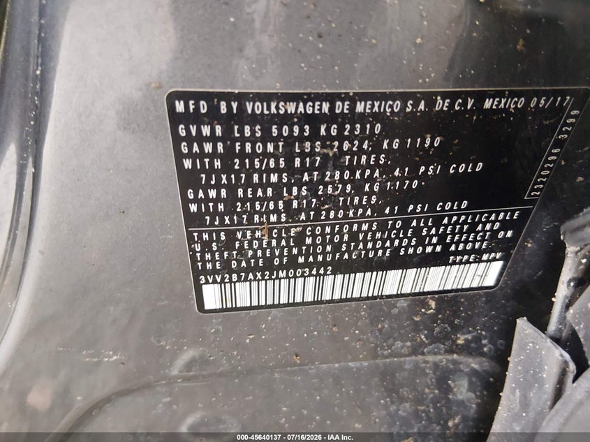 2018 Volkswagen Tiguan VIN 3VV2B7AX2JM003442 IAAI salvage auction — LEFT SIDE, Wait Title, sold $3,650 on 2026-08-19 (photo 9)